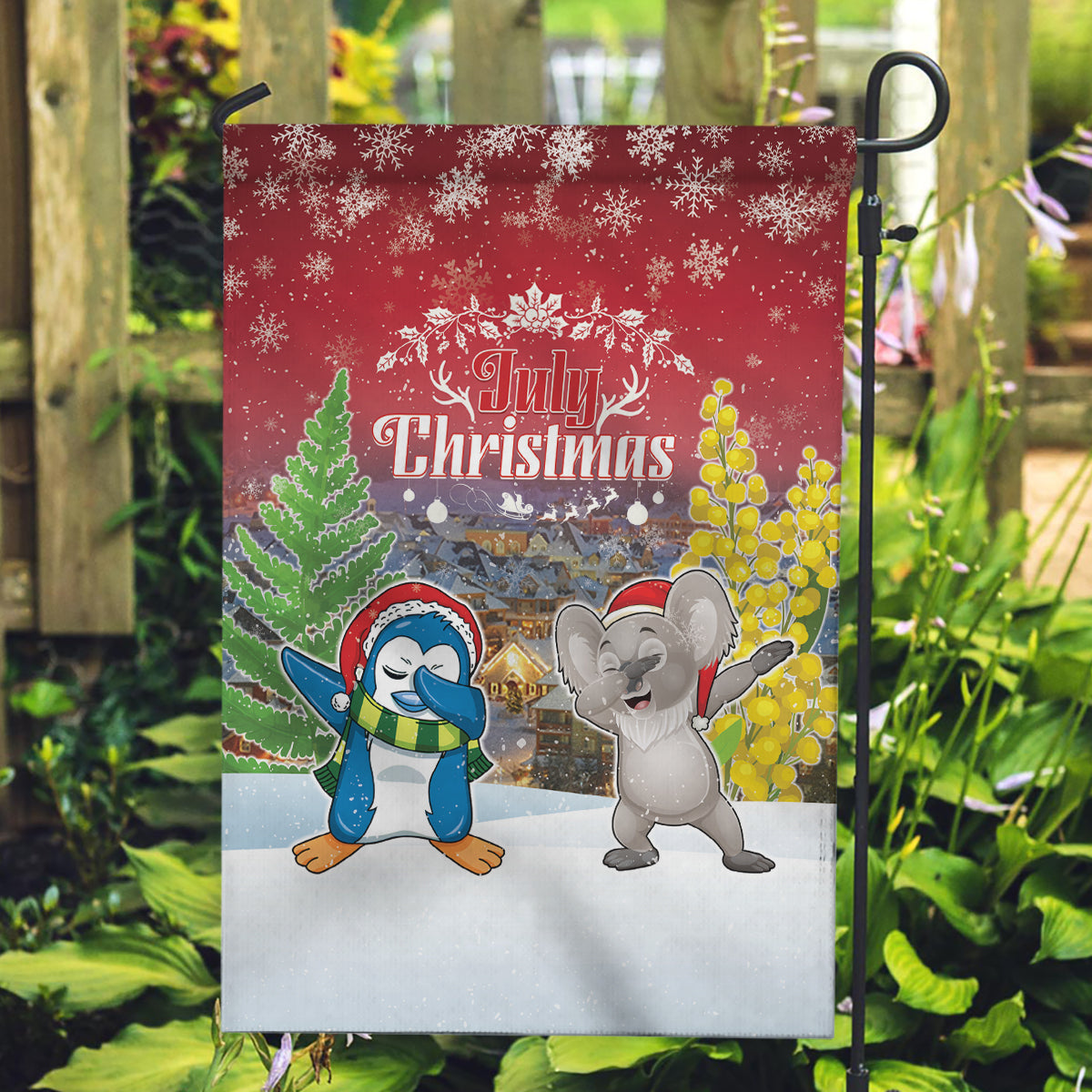 Christmas In July Garden Flag Funny Dabbing Dance Koala And Blue Penguins LT05 Garden Flag Red - Polynesian Pride
