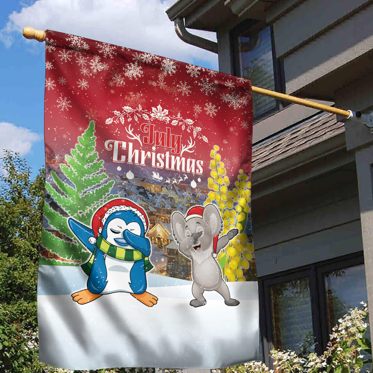 Christmas In July Garden Flag Funny Dabbing Dance Koala And Blue Penguins LT05 - Polynesian Pride