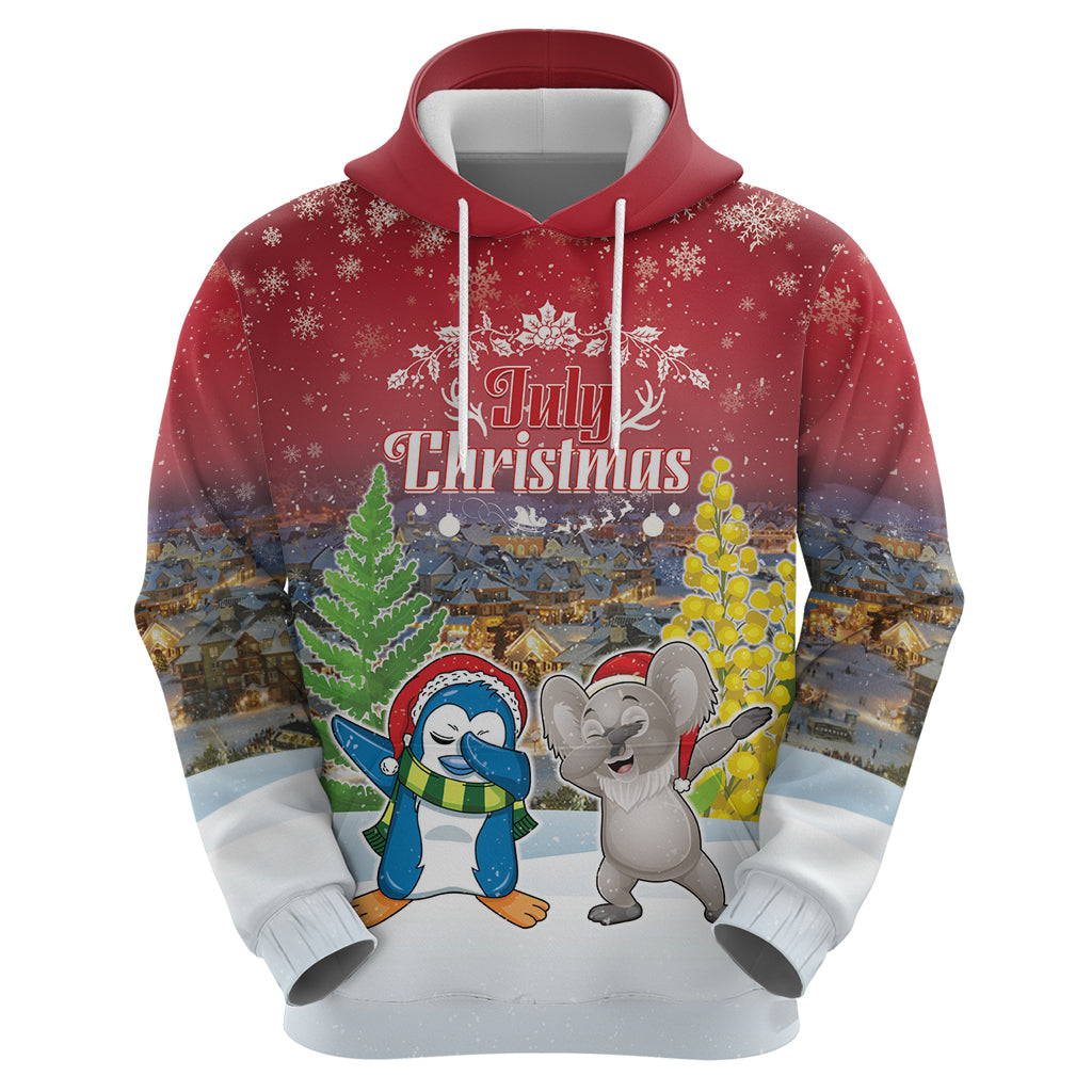 Personalised Christmas In July Hoodie Funny Dabbing Dance Koala And Blue Penguins