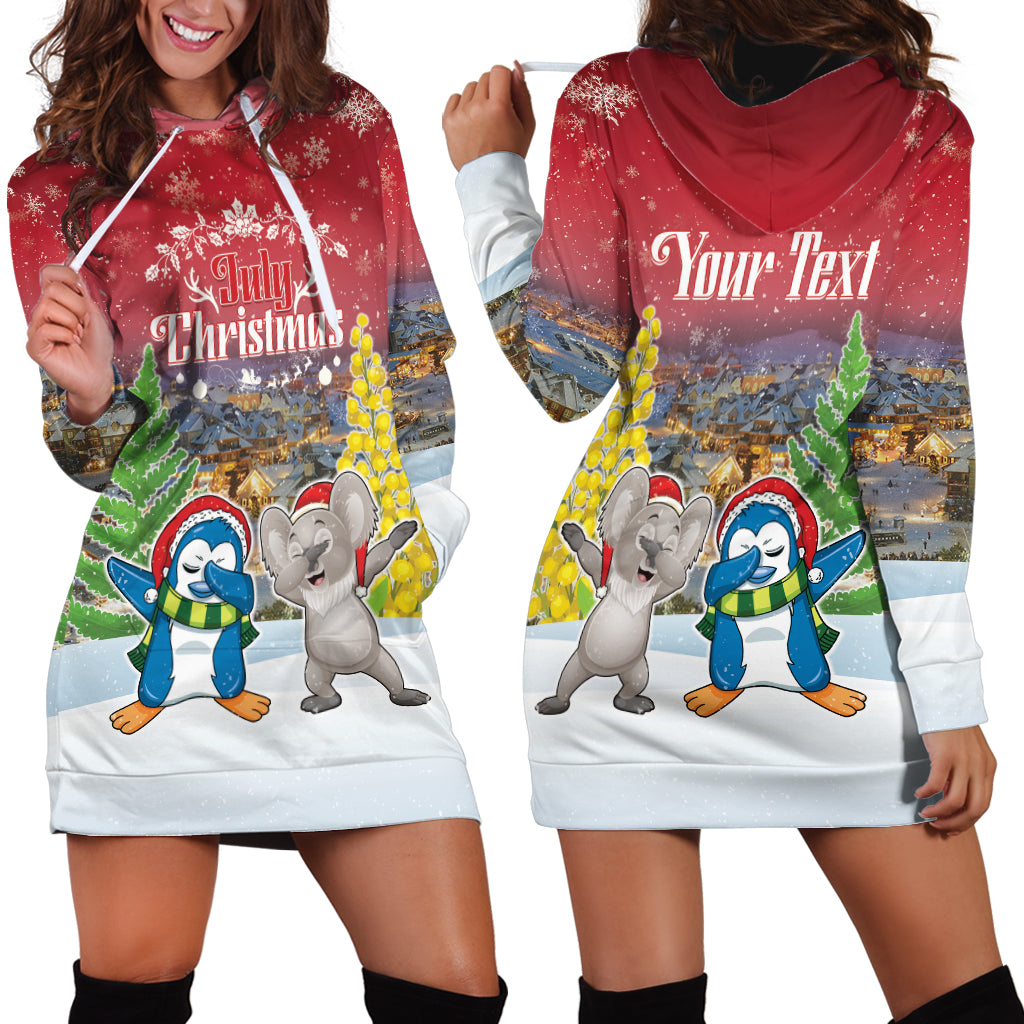 Personalised Christmas In July Hoodie Dress Funny Dabbing Dance Koala And Blue Penguins LT05 - Polynesian Pride
