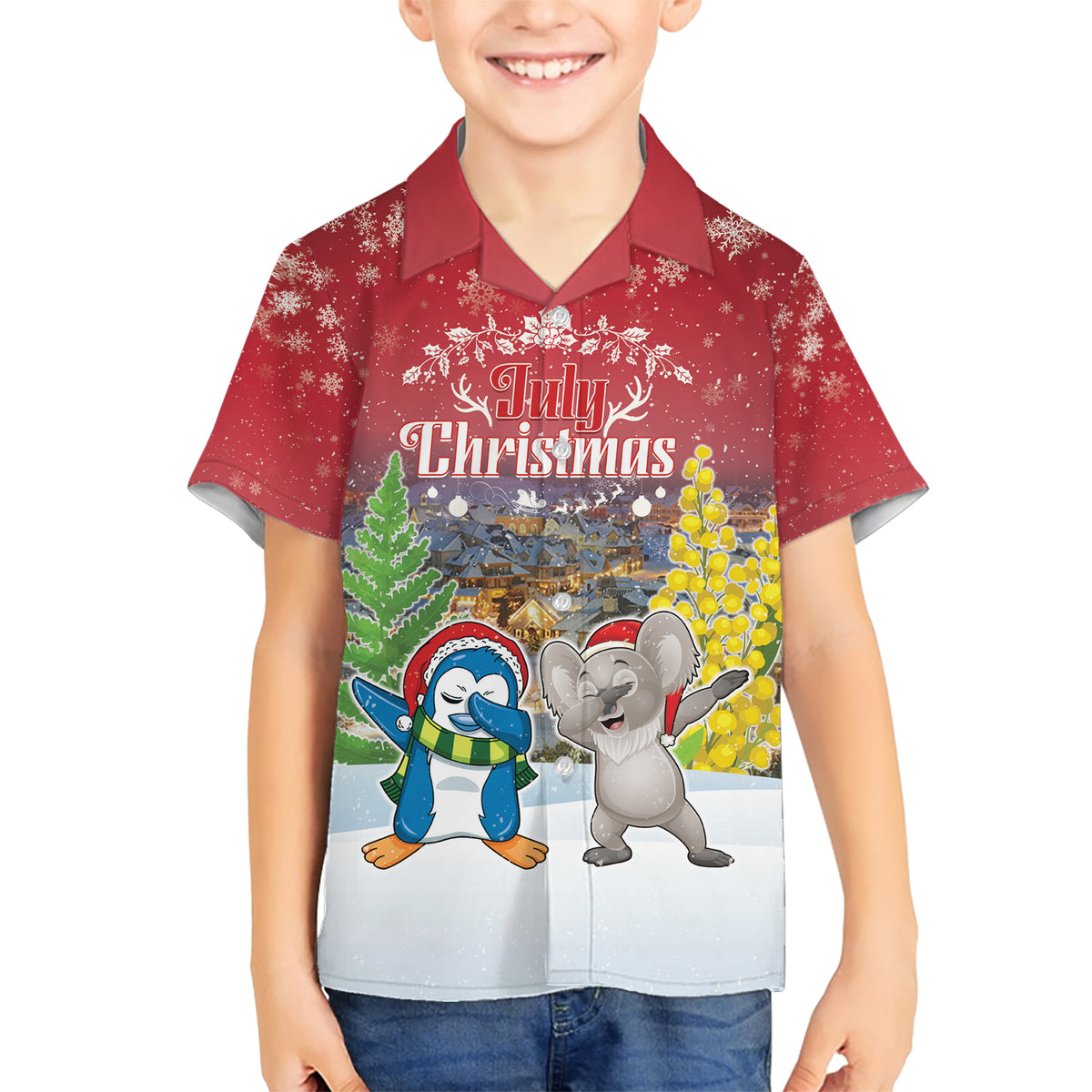 Personalised Christmas In July Kid Hawaiian Shirt Funny Dabbing Dance Koala And Blue Penguins LT05 Kid Red - Polynesian Pride