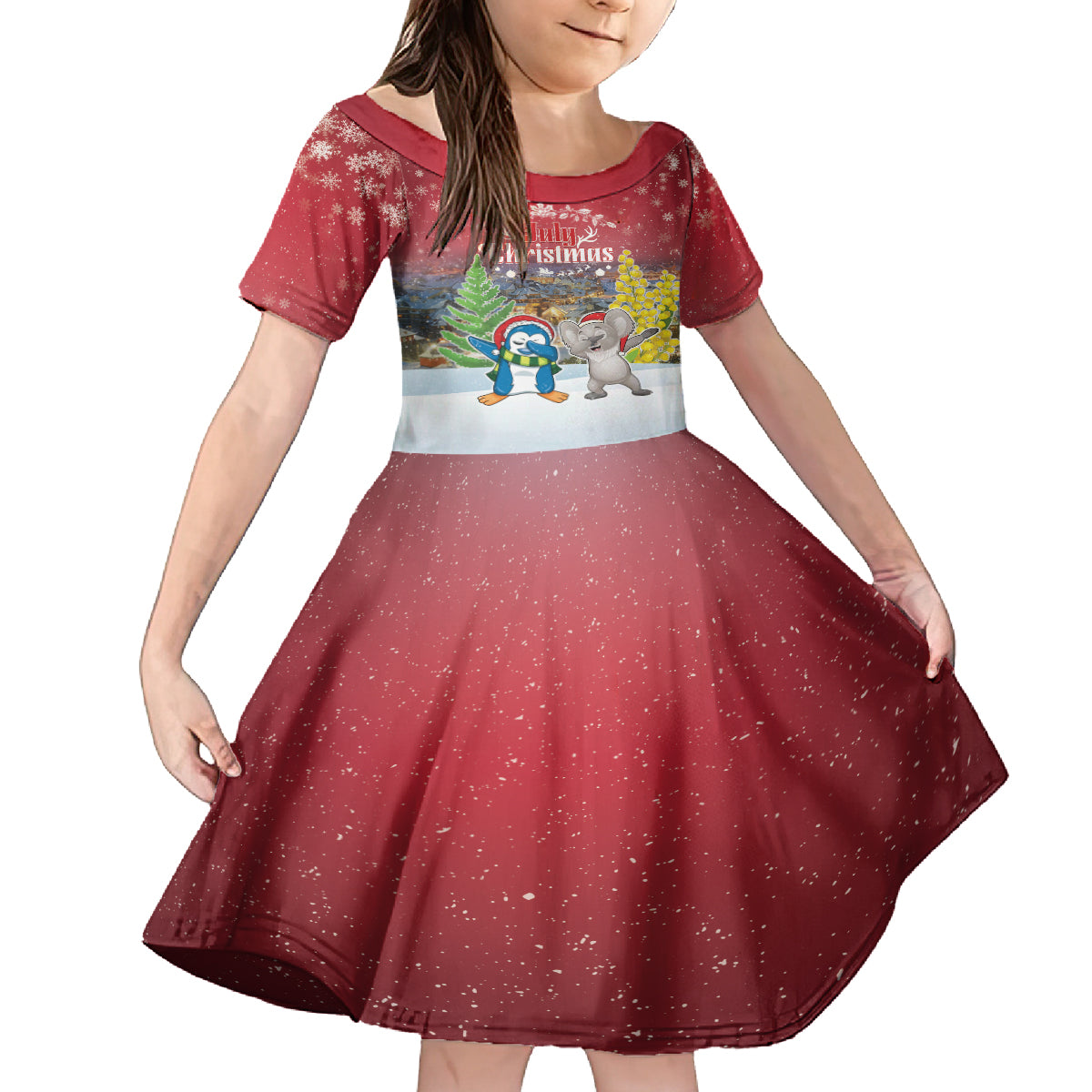 Personalised Christmas In July Kid Short Sleeve Dress Funny Dabbing Dance Koala And Blue Penguins LT05 KID Red - Polynesian Pride