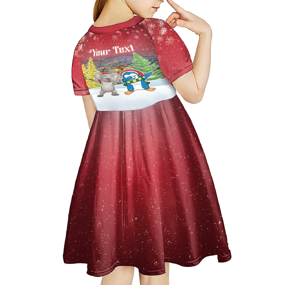 Personalised Christmas In July Kid Short Sleeve Dress Funny Dabbing Dance Koala And Blue Penguins LT05 - Polynesian Pride