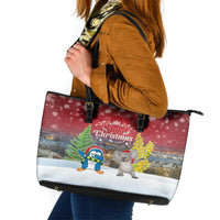 Christmas In July Leather Tote Bag Funny Dabbing Dance Koala And Blue Penguins LT05 Red - Polynesian Pride