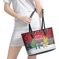 Christmas In July Leather Tote Bag Funny Dabbing Dance Koala And Blue Penguins LT05 - Polynesian Pride