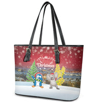 Christmas In July Leather Tote Bag Funny Dabbing Dance Koala And Blue Penguins LT05 - Polynesian Pride