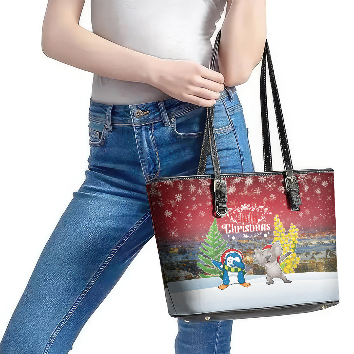Christmas In July Leather Tote Bag Funny Dabbing Dance Koala And Blue Penguins LT05 - Polynesian Pride