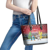 Christmas In July Leather Tote Bag Funny Dabbing Dance Koala And Blue Penguins LT05 - Polynesian Pride