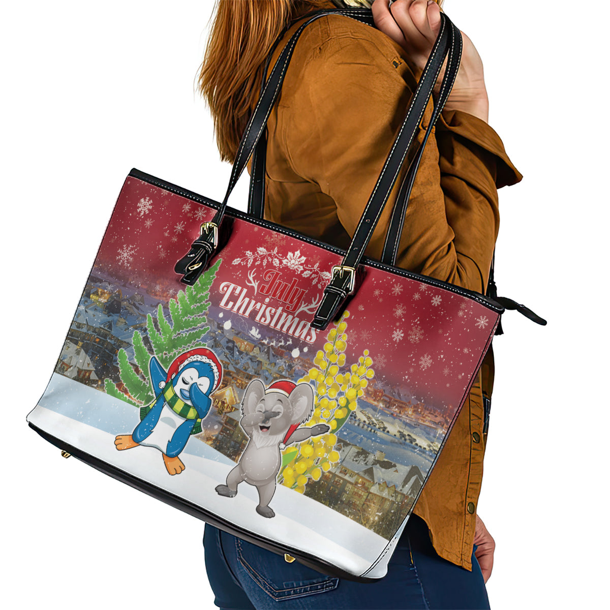 Christmas In July Leather Tote Bag Funny Dabbing Dance Koala And Blue Penguins LT05 - Polynesian Pride
