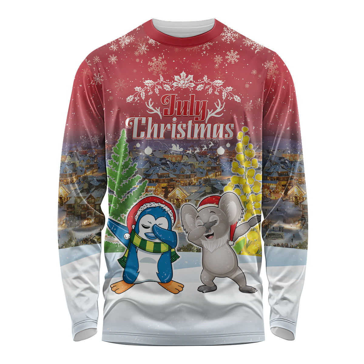 Personalised Christmas In July Long Sleeve Shirt Funny Dabbing Dance Koala And Blue Penguins