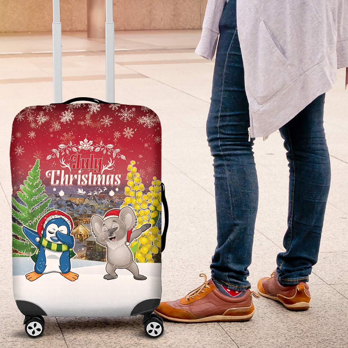 Christmas In July Luggage Cover Funny Dabbing Dance Koala And Blue Penguins