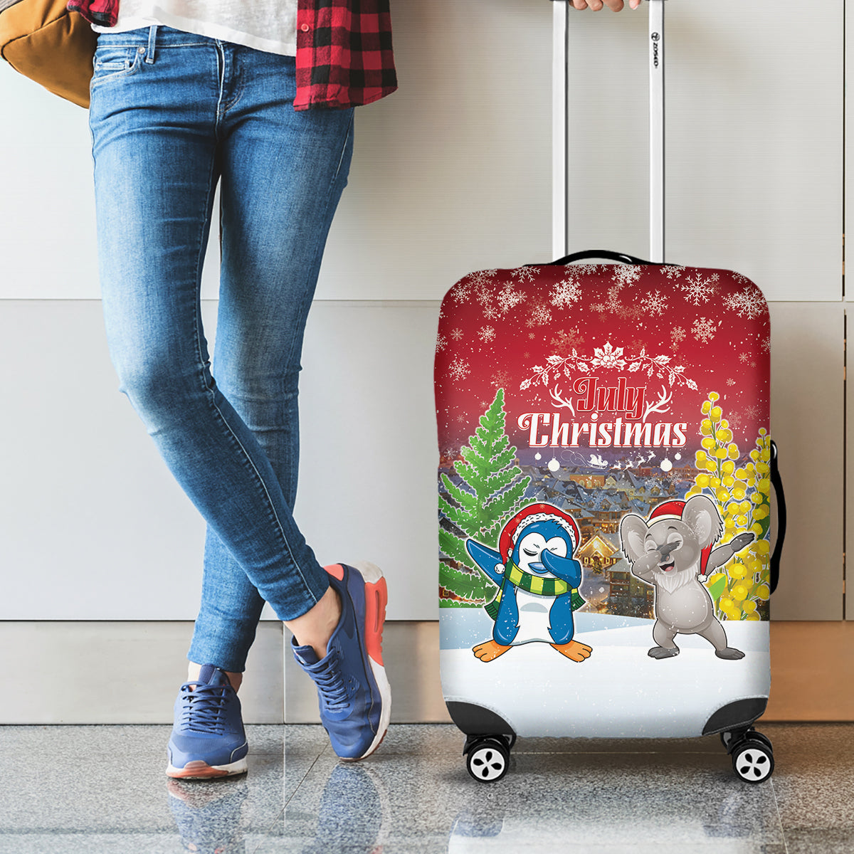 Christmas In July Luggage Cover Funny Dabbing Dance Koala And Blue Penguins