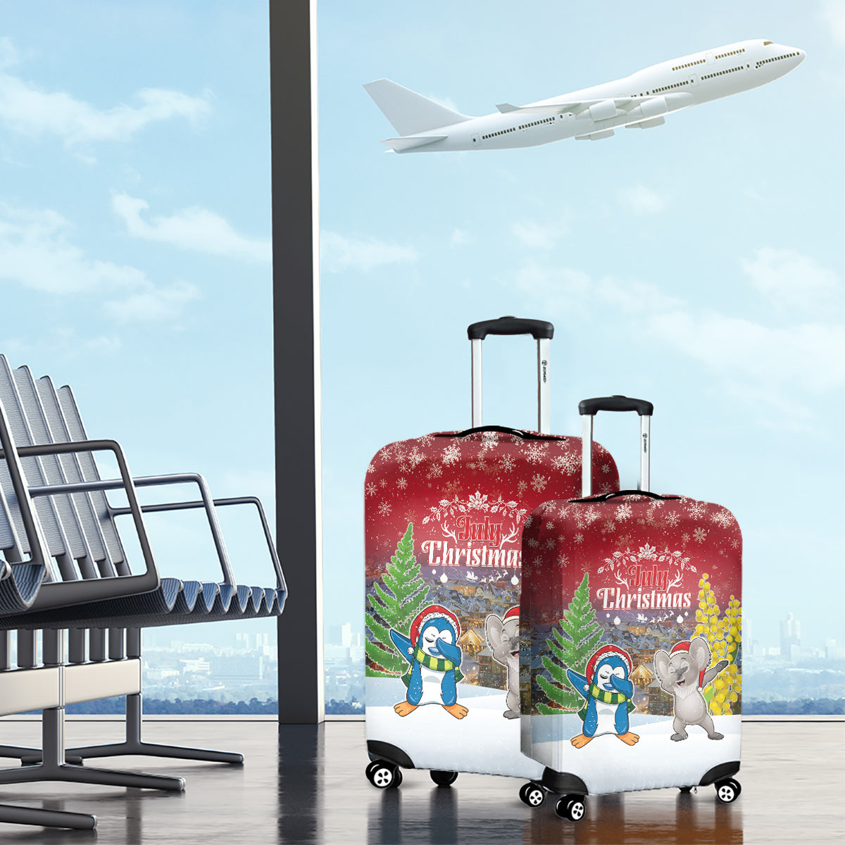 Christmas In July Luggage Cover Funny Dabbing Dance Koala And Blue Penguins