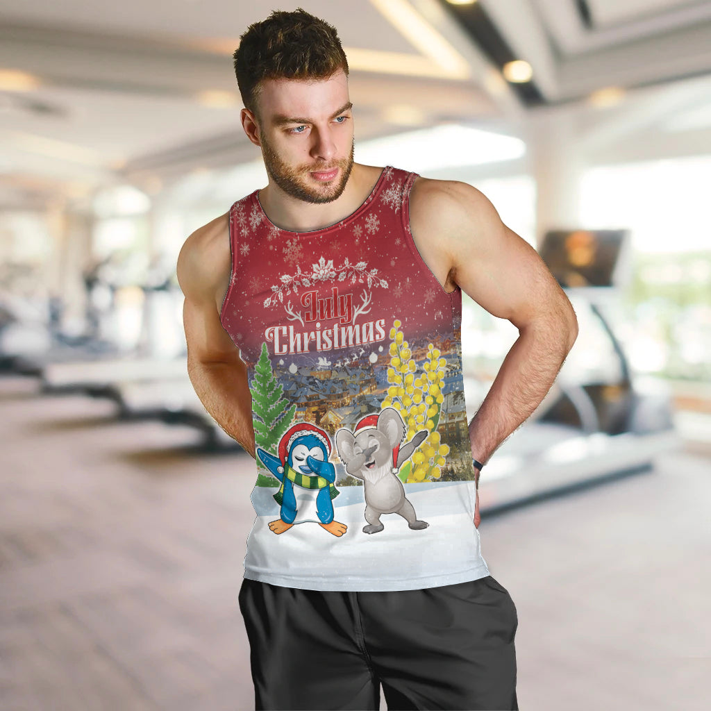 Personalised Christmas In July Men Tank Top Funny Dabbing Dance Koala And Blue Penguins LT05 Red - Polynesian Pride