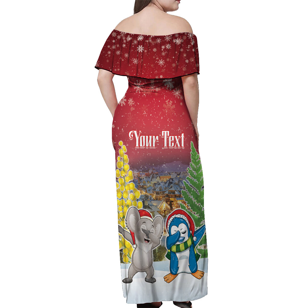 Personalised Christmas In July Off Shoulder Maxi Dress Funny Dabbing Dance Koala And Blue Penguins LT05 - Polynesian Pride