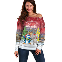 Personalised Christmas In July Off Shoulder Sweater Funny Dabbing Dance Koala And Blue Penguins