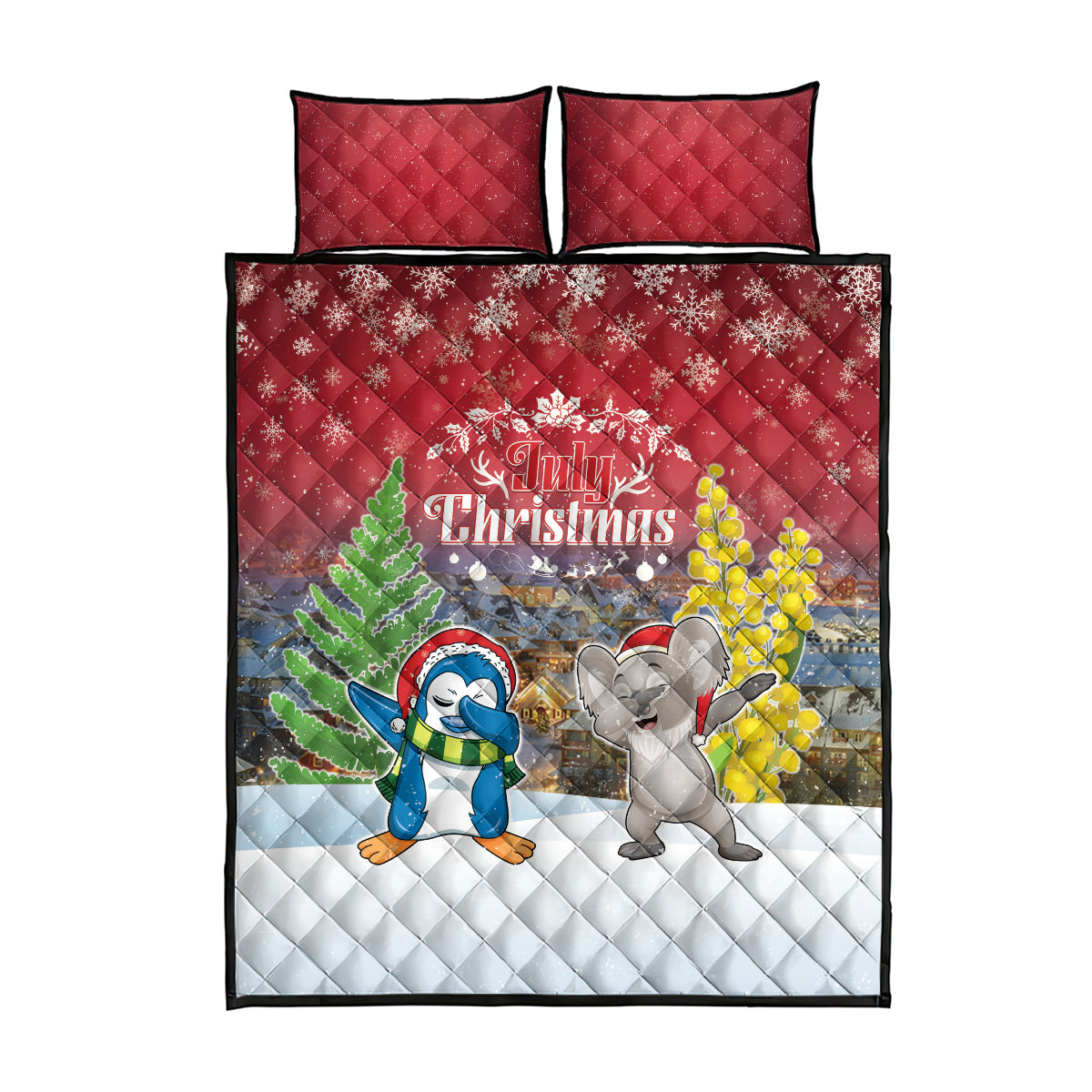 Christmas In July Quilt Bed Set Funny Dabbing Dance Koala And Blue Penguins LT05 - Polynesian Pride
