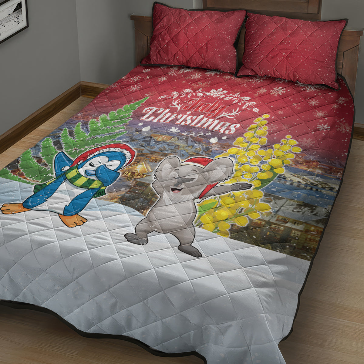 Christmas In July Quilt Bed Set Funny Dabbing Dance Koala And Blue Penguins LT05 - Polynesian Pride