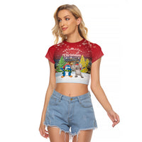 Personalised Christmas In July Raglan Cropped T Shirt Funny Dabbing Dance Koala And Blue Penguins