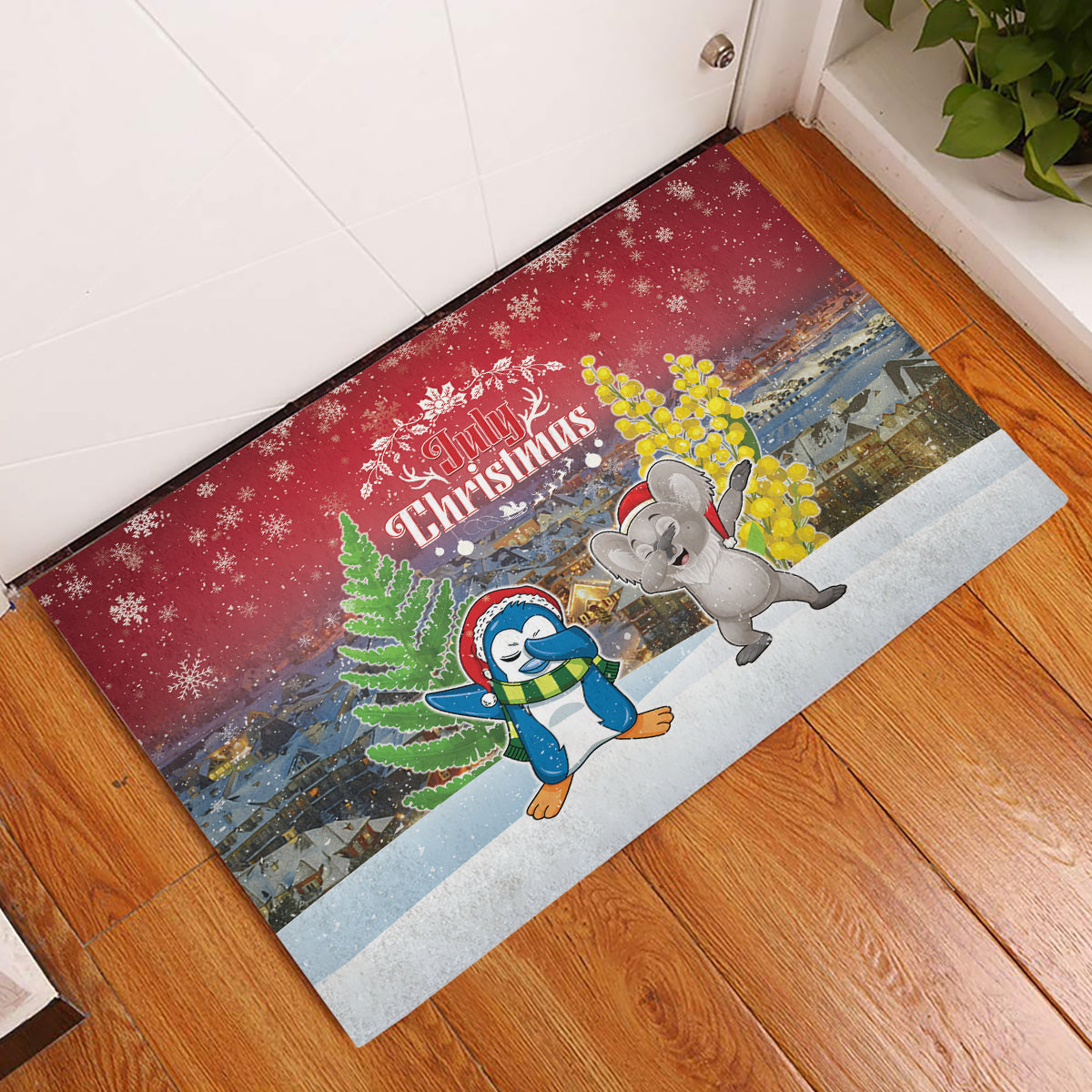 Christmas In July Rubber Doormat Funny Dabbing Dance Koala And Blue Penguins LT05 Red - Polynesian Pride