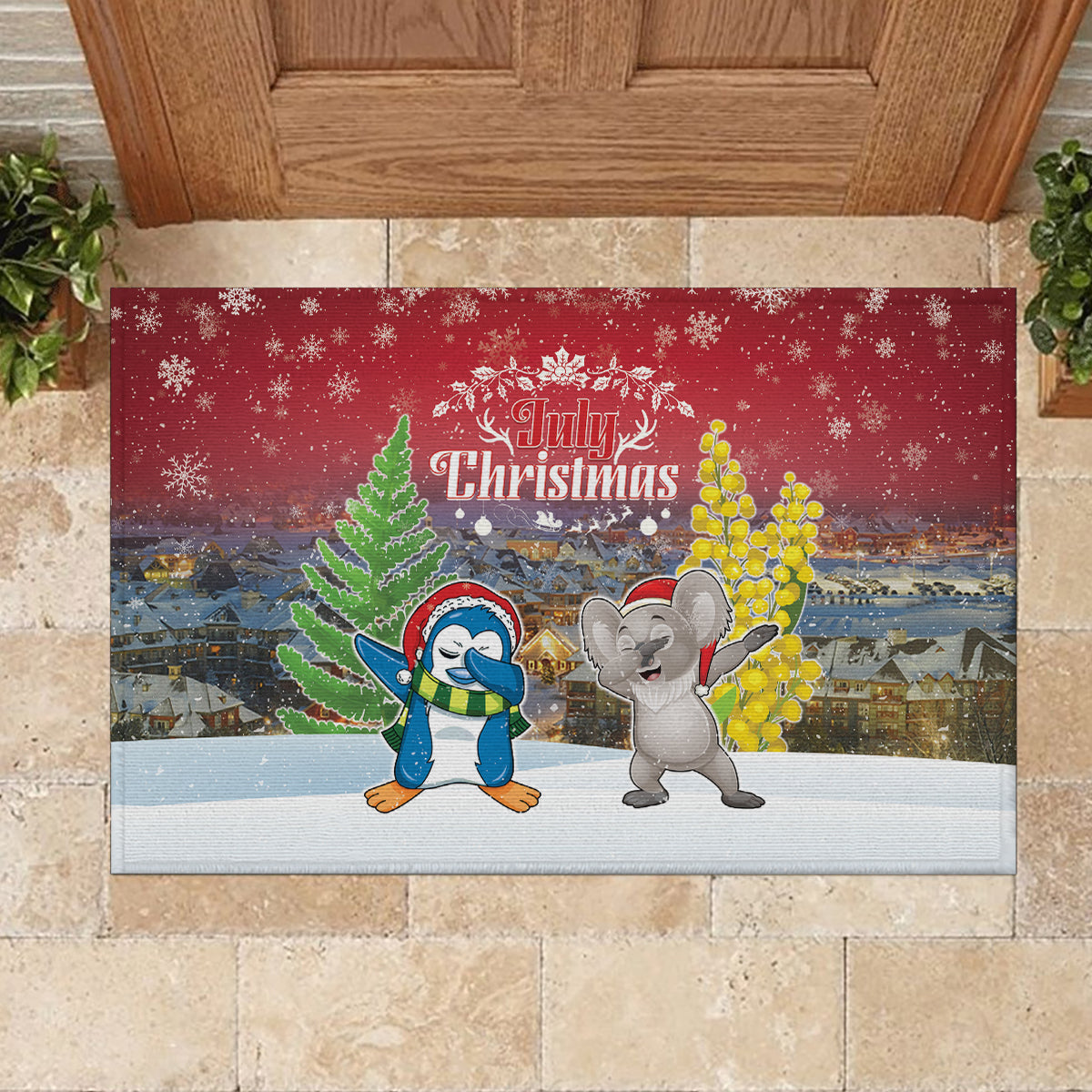 Christmas In July Rubber Doormat Funny Dabbing Dance Koala And Blue Penguins LT05 - Polynesian Pride
