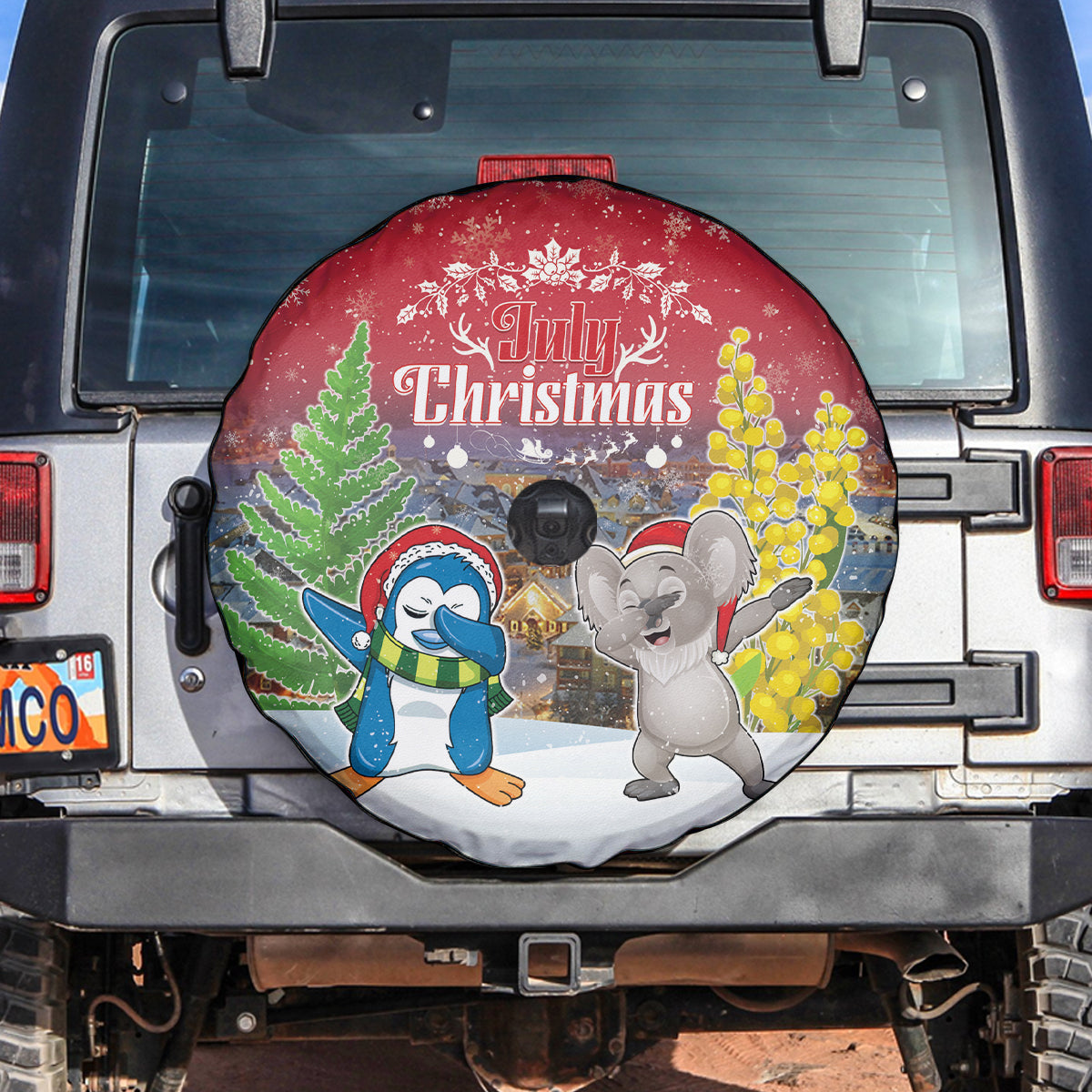 Christmas In July Spare Tire Cover Funny Dabbing Dance Koala And Blue Penguins