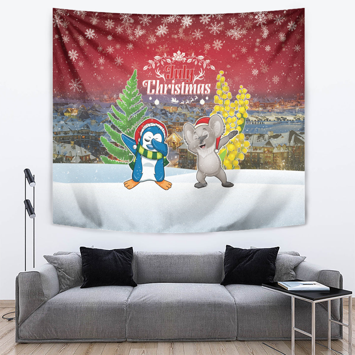 Christmas In July Tapestry Funny Dabbing Dance Koala And Blue Penguins LT05 Red - Polynesian Pride