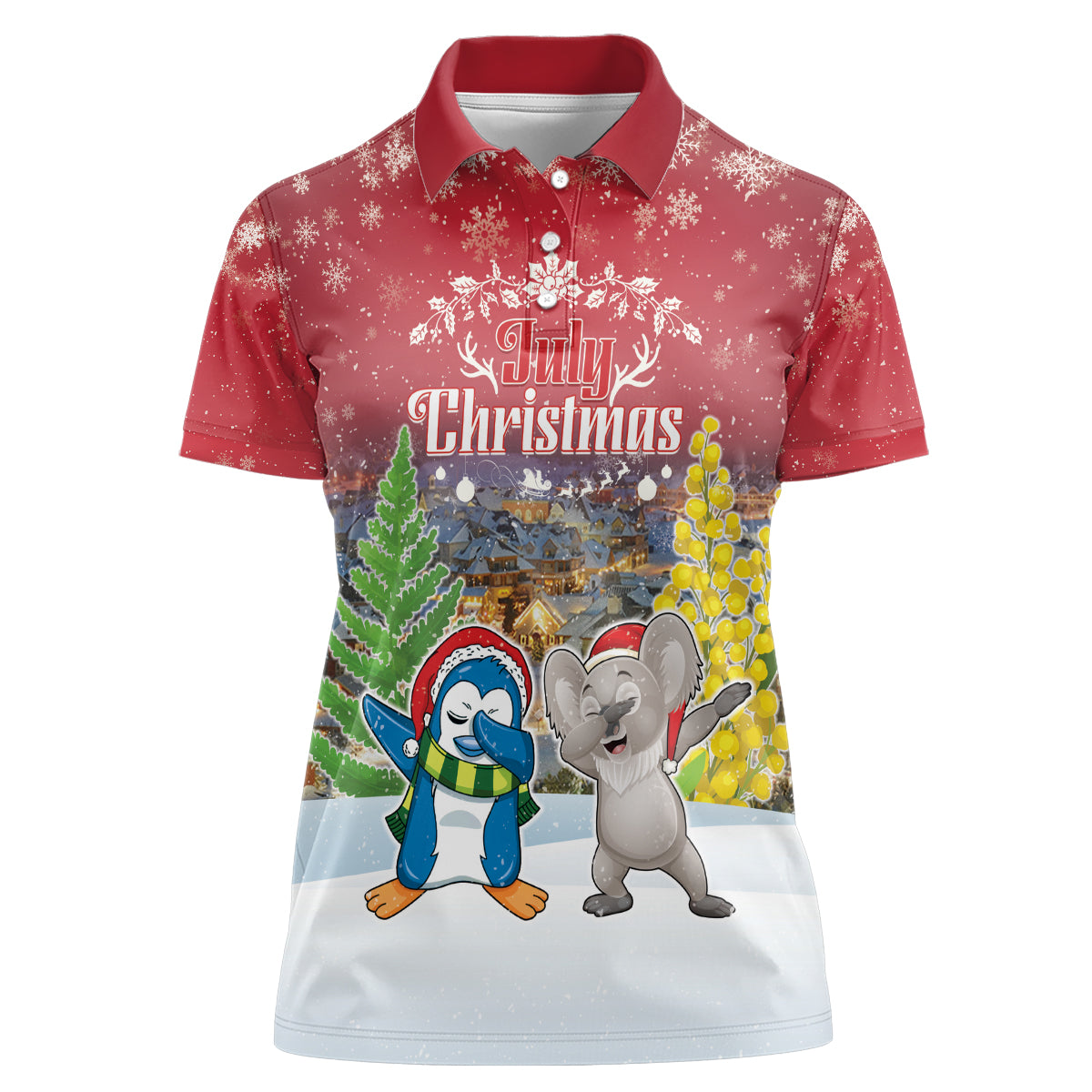 Personalised Christmas In July Women Polo Shirt Funny Dabbing Dance Koala And Blue Penguins