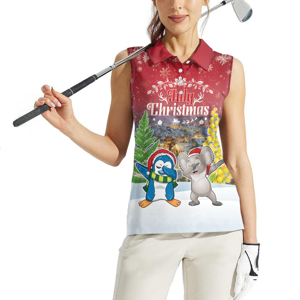 Personalised Christmas In July Women Sleeveless Polo Shirt Funny Dabbing Dance Koala And Blue Penguins