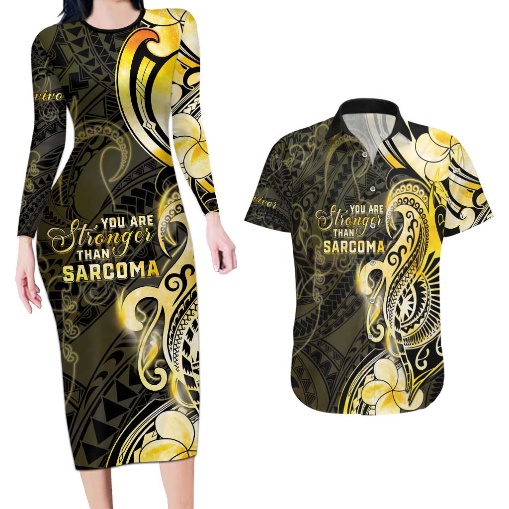 Sarcoma Awareness Couples Matching Long Sleeve Bodycon Dress and Hawaiian Shirt You Are Stronger Than Sarcoma LT05 Yellow - Polynesian Pride