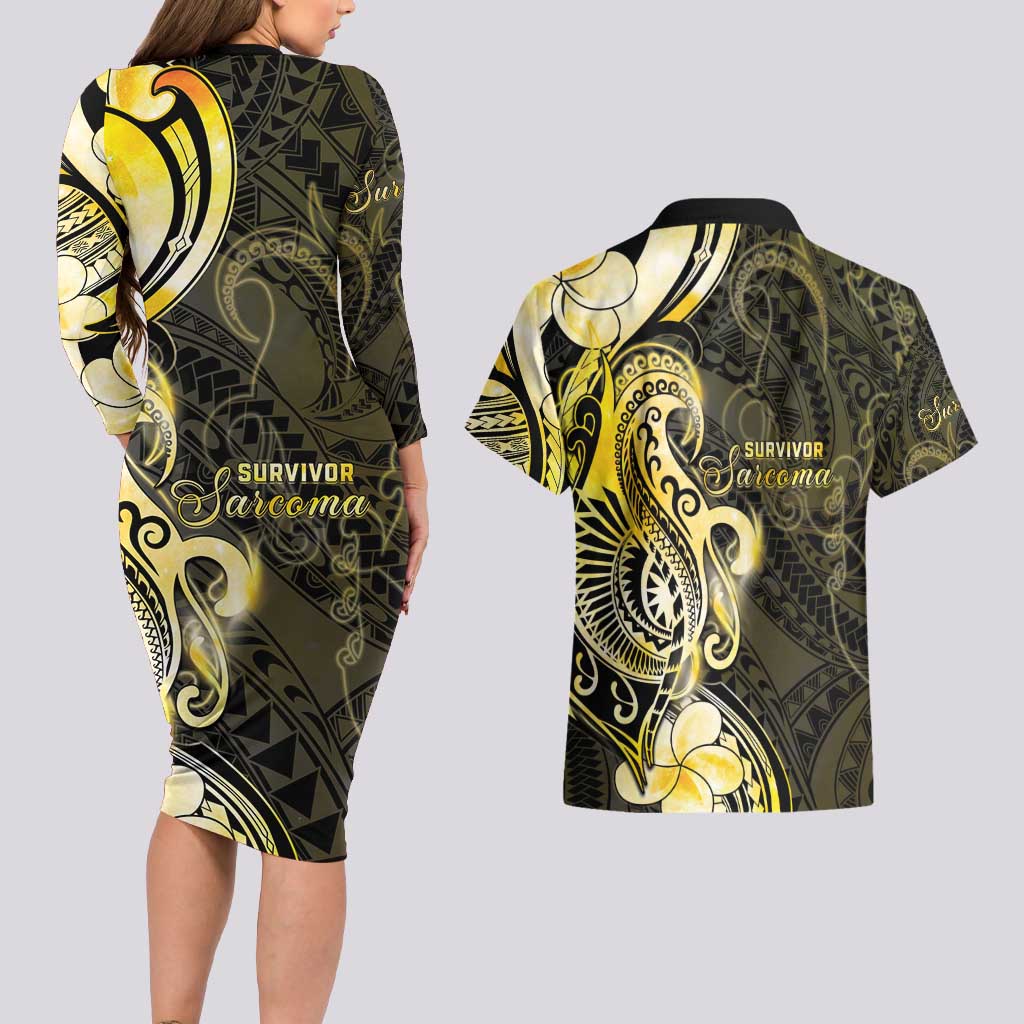 Sarcoma Awareness Couples Matching Long Sleeve Bodycon Dress and Hawaiian Shirt You Are Stronger Than Sarcoma LT05 - Polynesian Pride
