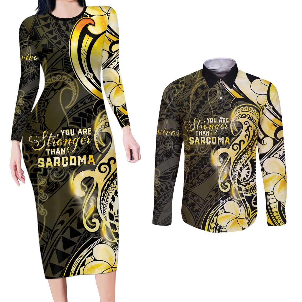 Sarcoma Awareness Couples Matching Long Sleeve Bodycon Dress and Long Sleeve Button Shirt You Are Stronger Than Sarcoma LT05 Yellow - Polynesian Pride