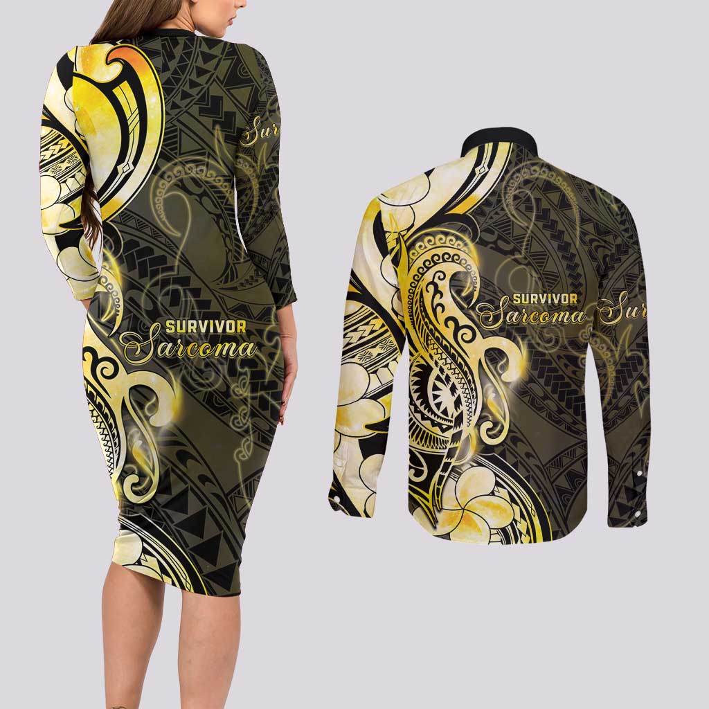 Sarcoma Awareness Couples Matching Long Sleeve Bodycon Dress and Long Sleeve Button Shirt You Are Stronger Than Sarcoma LT05 - Polynesian Pride