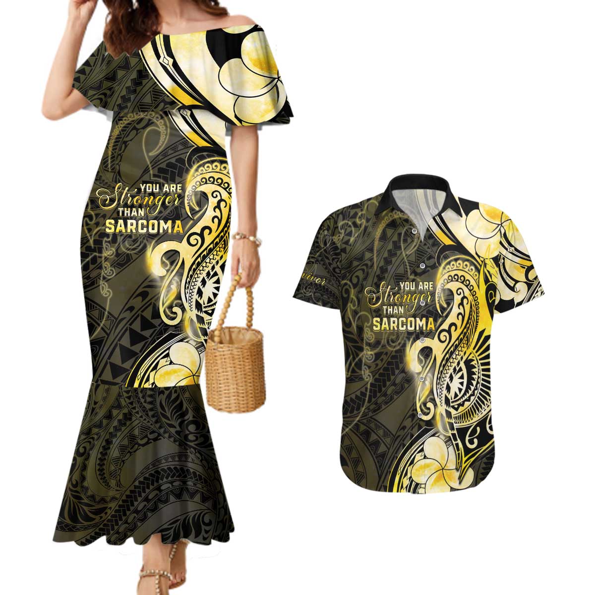Sarcoma Awareness Couples Matching Mermaid Dress and Hawaiian Shirt You Are Stronger Than Sarcoma LT05 Yellow - Polynesian Pride