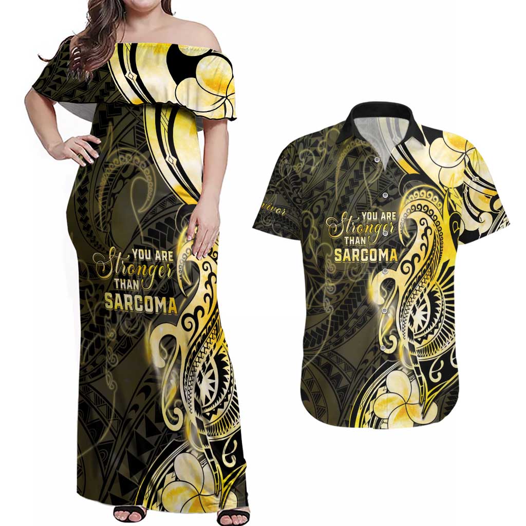 Sarcoma Awareness Couples Matching Off Shoulder Maxi Dress and Hawaiian Shirt You Are Stronger Than Sarcoma LT05 Yellow - Polynesian Pride
