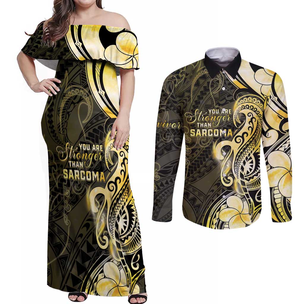 Sarcoma Awareness Couples Matching Off Shoulder Maxi Dress and Long Sleeve Button Shirt You Are Stronger Than Sarcoma LT05 Yellow - Polynesian Pride