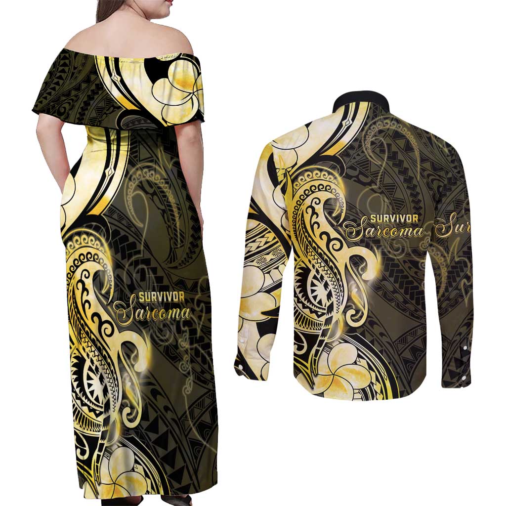 Sarcoma Awareness Couples Matching Off Shoulder Maxi Dress and Long Sleeve Button Shirt You Are Stronger Than Sarcoma LT05 - Polynesian Pride