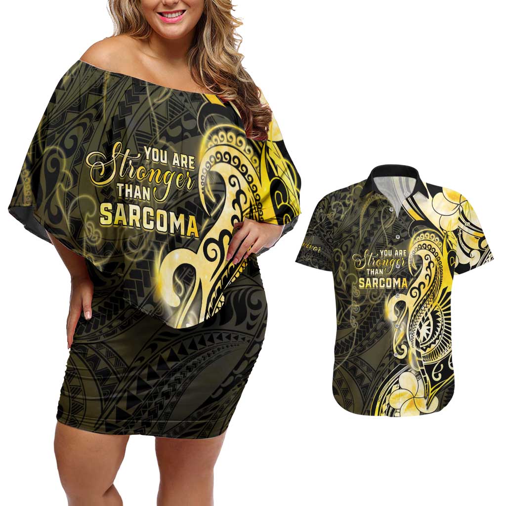 Sarcoma Awareness Couples Matching Off Shoulder Short Dress and Hawaiian Shirt You Are Stronger Than Sarcoma LT05 Yellow - Polynesian Pride