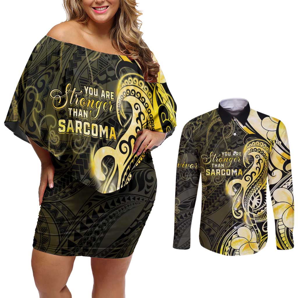Sarcoma Awareness Couples Matching Off Shoulder Short Dress and Long Sleeve Button Shirt You Are Stronger Than Sarcoma LT05 Yellow - Polynesian Pride