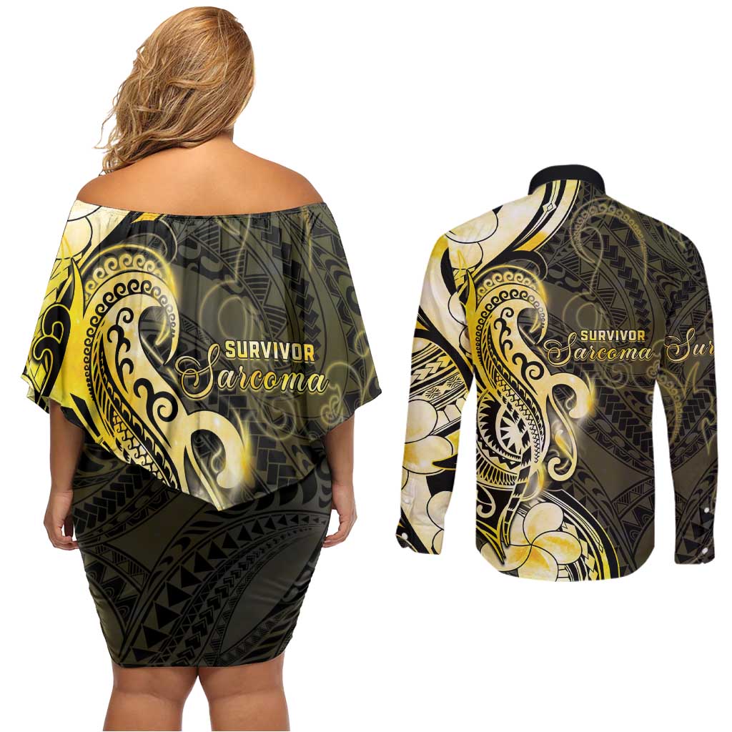 Sarcoma Awareness Couples Matching Off Shoulder Short Dress and Long Sleeve Button Shirt You Are Stronger Than Sarcoma LT05 - Polynesian Pride