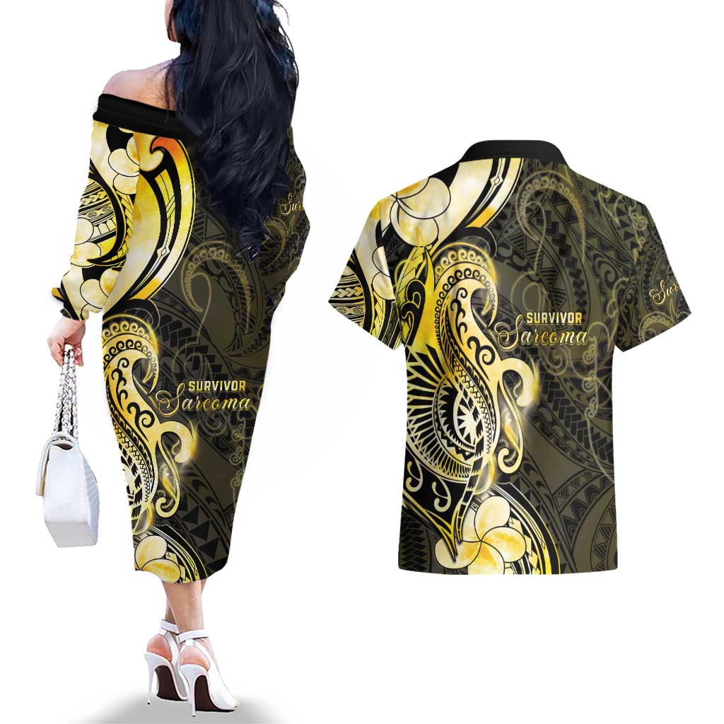 Sarcoma Awareness Couples Matching Off The Shoulder Long Sleeve Dress and Hawaiian Shirt You Are Stronger Than Sarcoma LT05 - Polynesian Pride