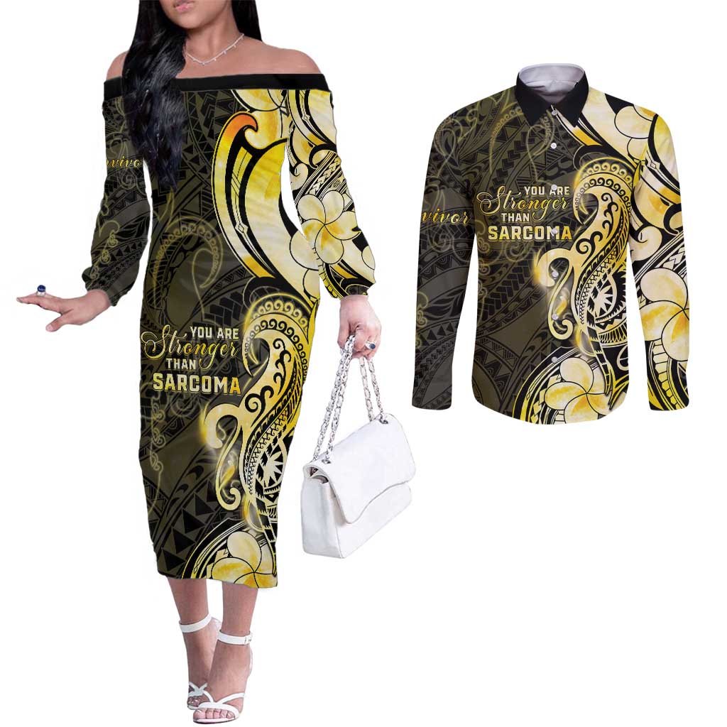 Sarcoma Awareness Couples Matching Off The Shoulder Long Sleeve Dress and Long Sleeve Button Shirt You Are Stronger Than Sarcoma LT05 Yellow - Polynesian Pride