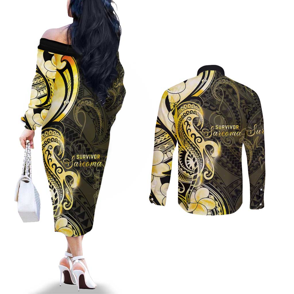Sarcoma Awareness Couples Matching Off The Shoulder Long Sleeve Dress and Long Sleeve Button Shirt You Are Stronger Than Sarcoma LT05 - Polynesian Pride