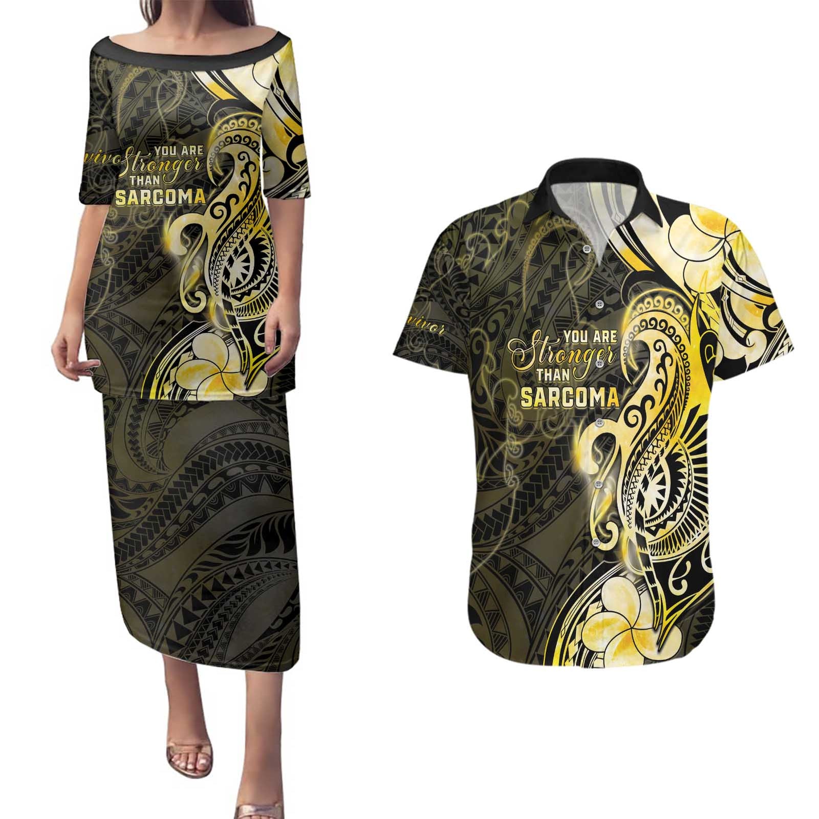 Sarcoma Awareness Couples Matching Puletasi and Hawaiian Shirt You Are Stronger Than Sarcoma LT05 Yellow - Polynesian Pride