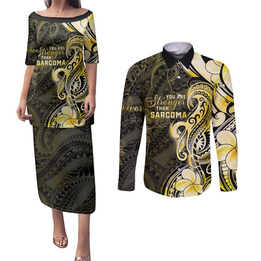Sarcoma Awareness Couples Matching Puletasi and Long Sleeve Button Shirt You Are Stronger Than Sarcoma LT05 Yellow - Polynesian Pride