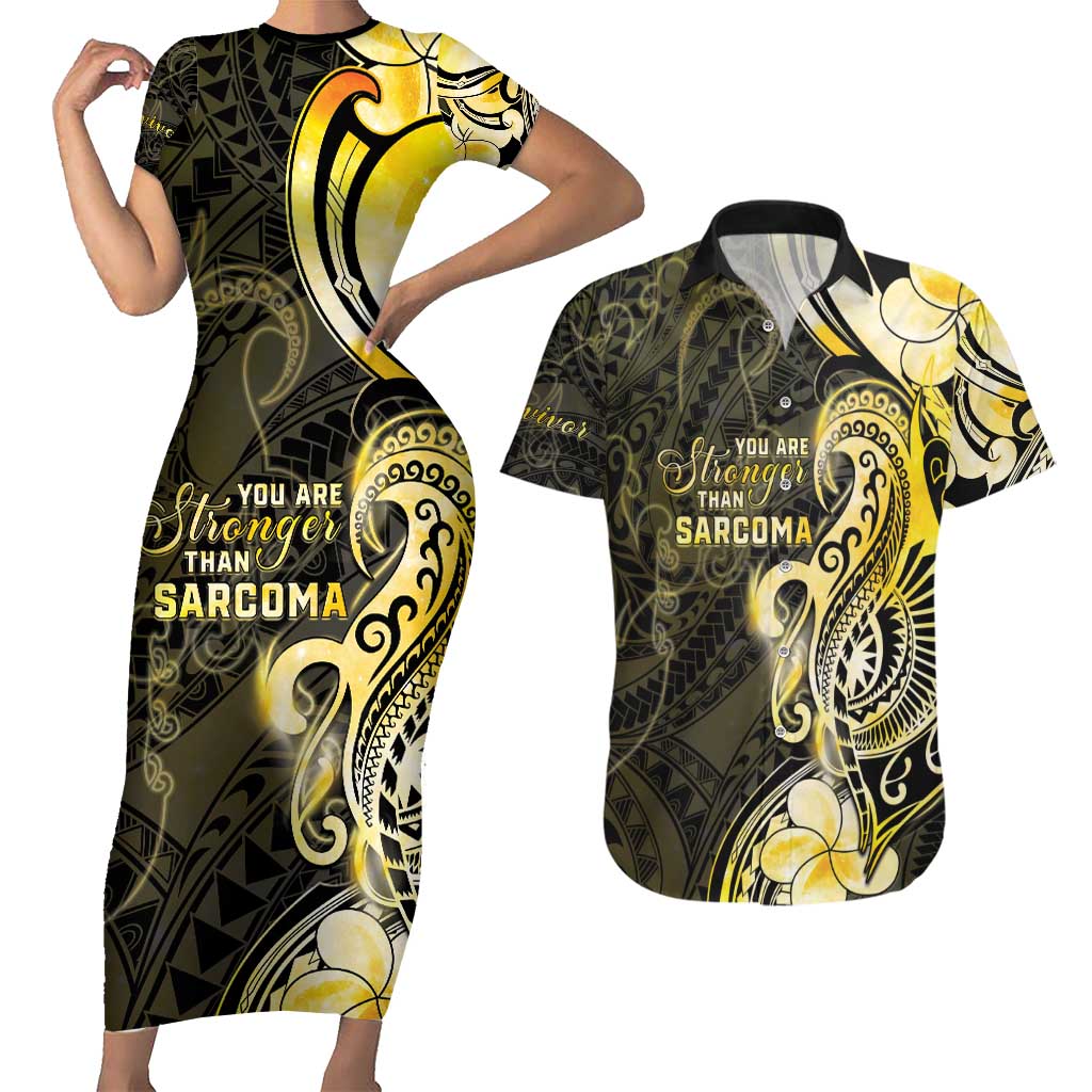 Sarcoma Awareness Couples Matching Short Sleeve Bodycon Dress and Hawaiian Shirt You Are Stronger Than Sarcoma LT05 Yellow - Polynesian Pride