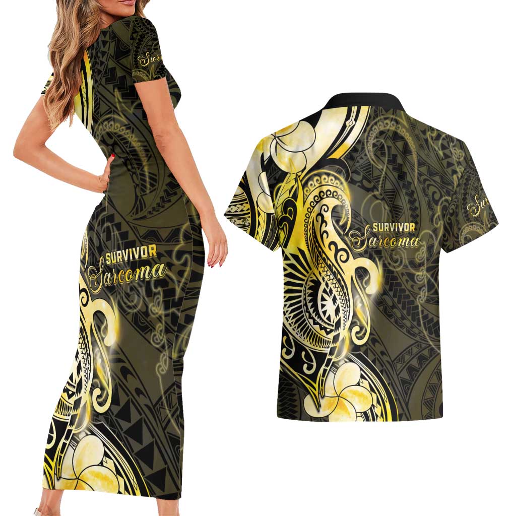 Sarcoma Awareness Couples Matching Short Sleeve Bodycon Dress and Hawaiian Shirt You Are Stronger Than Sarcoma LT05 - Polynesian Pride