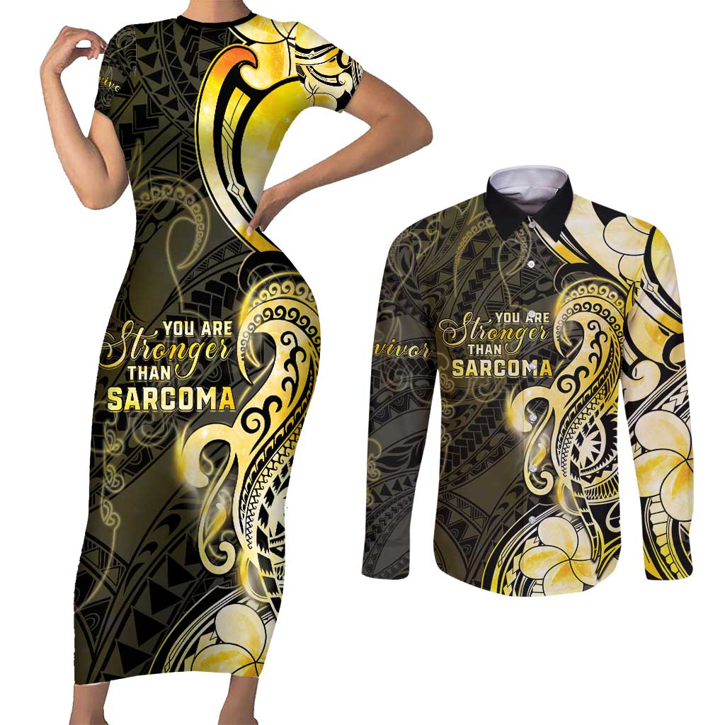 Sarcoma Awareness Couples Matching Short Sleeve Bodycon Dress and Long Sleeve Button Shirt You Are Stronger Than Sarcoma LT05 Yellow - Polynesian Pride