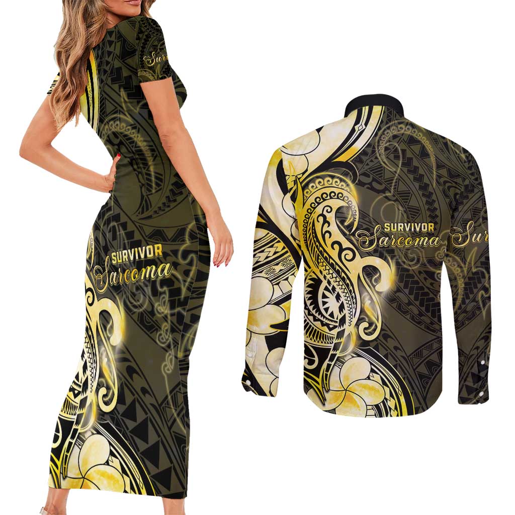 Sarcoma Awareness Couples Matching Short Sleeve Bodycon Dress and Long Sleeve Button Shirt You Are Stronger Than Sarcoma LT05 - Polynesian Pride