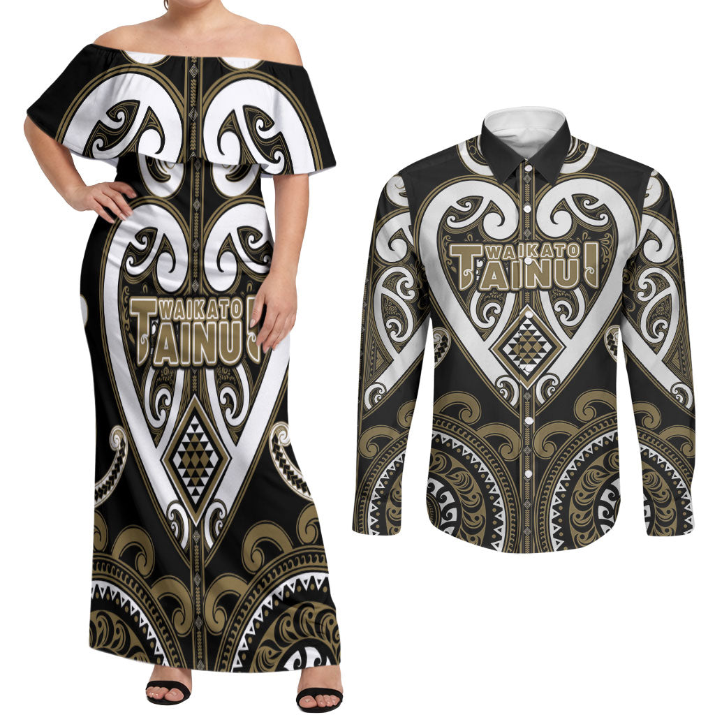 Custom Aotearoa Waikato Tainui Couples Matching Off Shoulder Maxi Dress and Long Sleeve Button Shirt Maori Tribal Pattern
